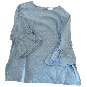 Boutique Plus Size 2X Blue Striped Blouse with Tie Bell Sleeves